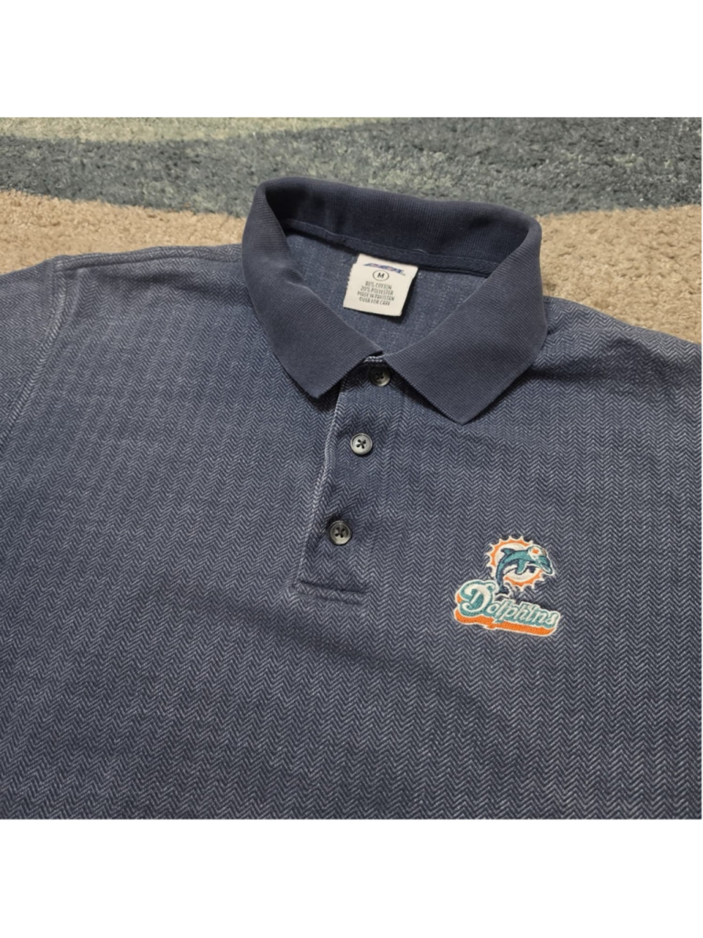 Miami Dolphins Polo Shirt Mens Medium Dark Blue Herringbone NFL Embroidered CSA